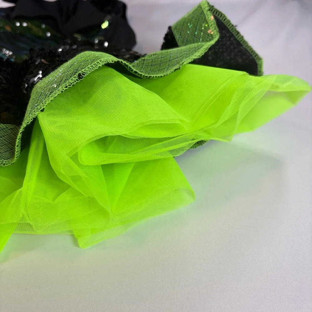 Weissman Kids Sequin Dance Costume Neon Green Black Jazz Tutu Dress MC